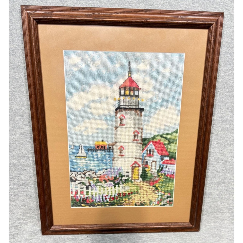 Framed Cross‎ Stitch Handcrafted Lighthouse Seascape Art Coastal Nautical Decor
